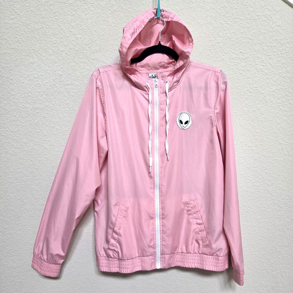 A.Lab Pink Alien Windbreaker Jacket Hooded Womens  L UFOs Graphic Space Pastel
